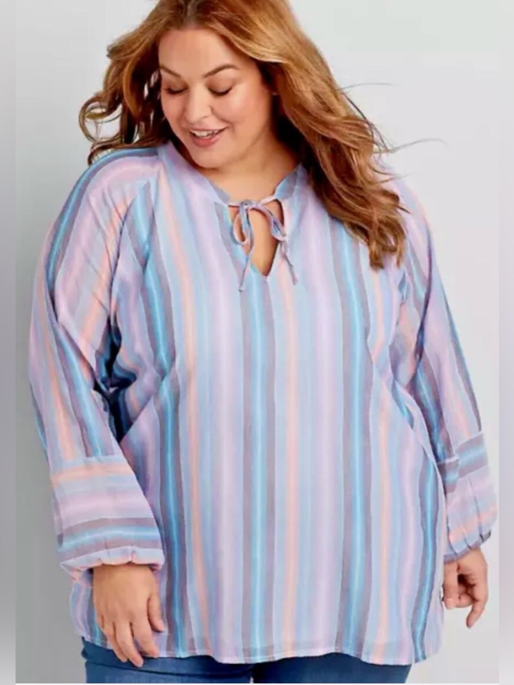 Lane Bryant Long Sleeve Plus Size 24 Cotton Peasant Top Pastel Stripe Lined New